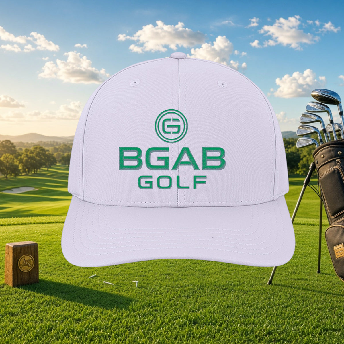 Better Grab A Beer white six-panel golf cap with green BGAB Golf logo on a sunny golf course background