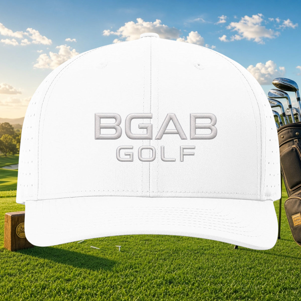 Better Grab A Beer white BGAB GOLF performance cap with laser-cut perforated side panels and pre-curved bill.
