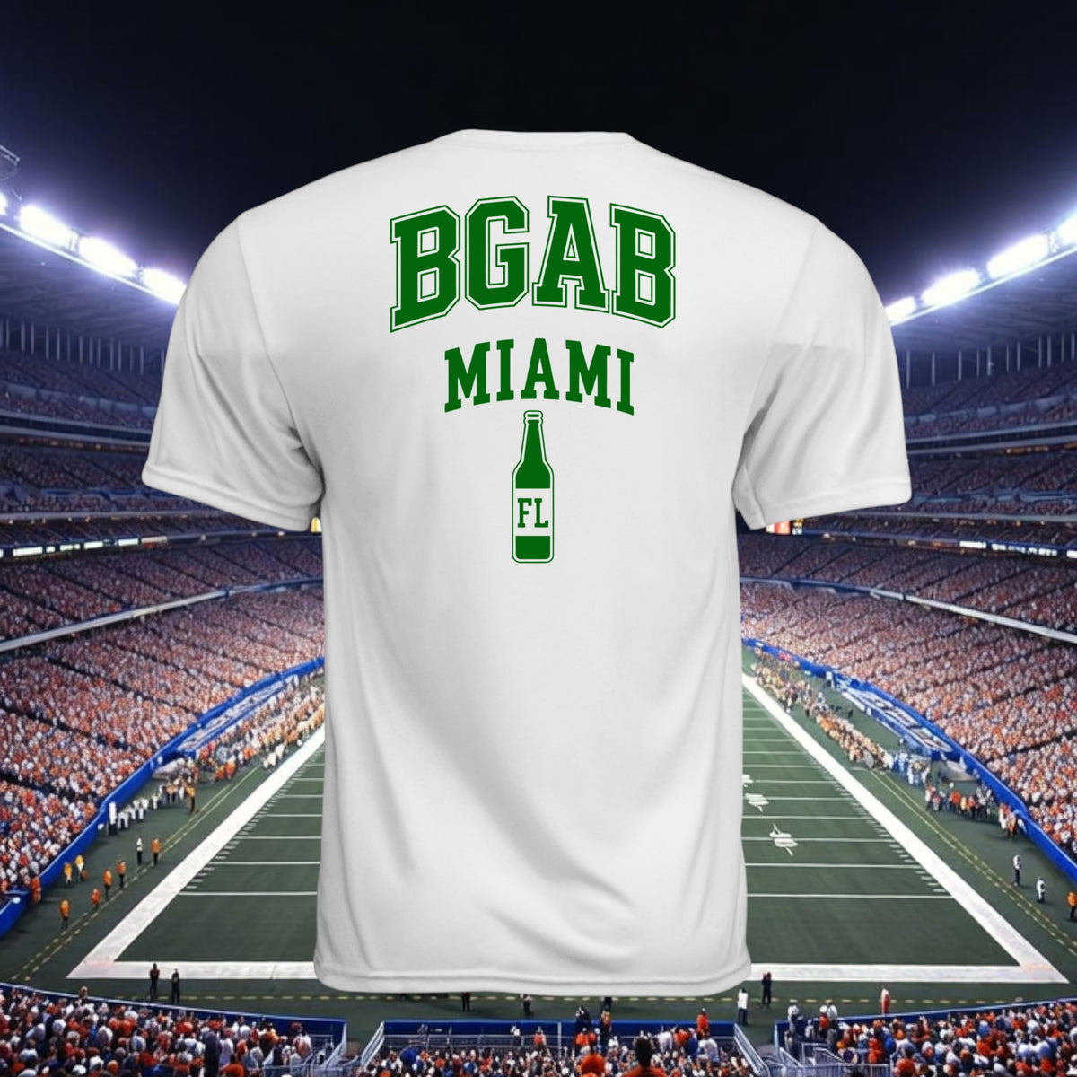 Better Grab A Beer white performance crew neck t-shirt with green Miami football graphic on back at a stadium