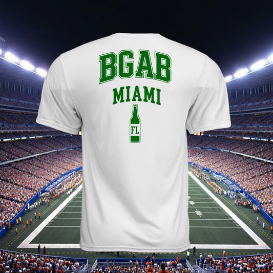 Better Grab A Beer white performance crew neck t-shirt with green Miami football graphic on back at a stadium