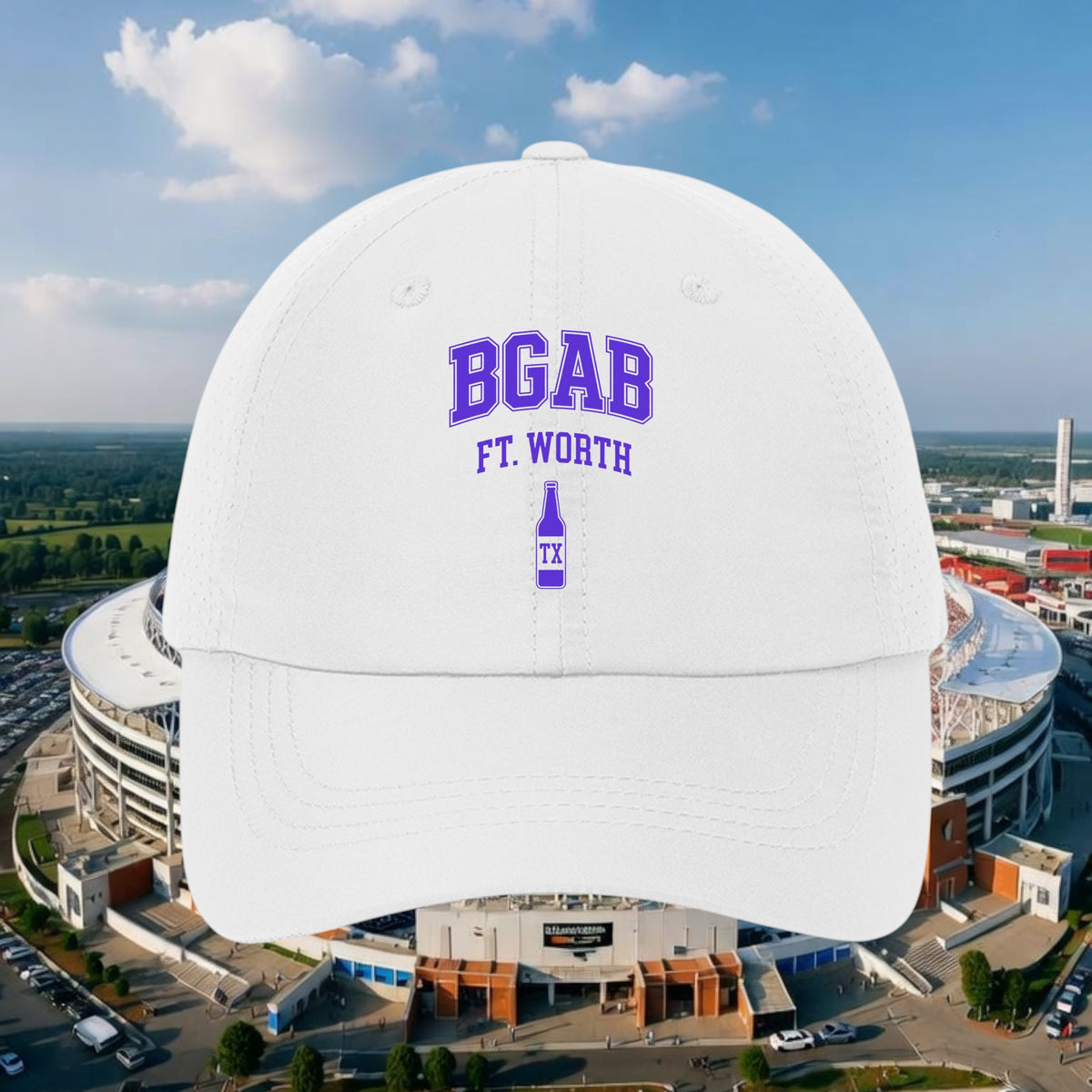 Better Grab A Beer white unstructured perforated polyester cap with purple BGAB Ft. Worth bottle graphic
