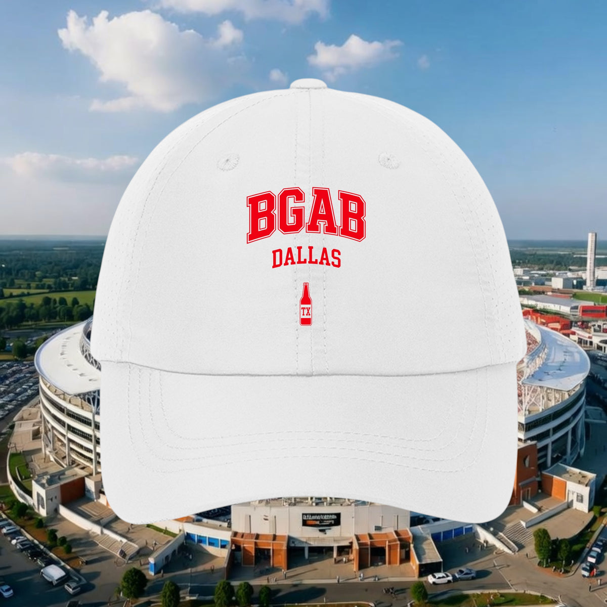 Better Grab A Beer white unstructured perforated cap with red BGAB Dallas bottle graphic and hook and loop closure