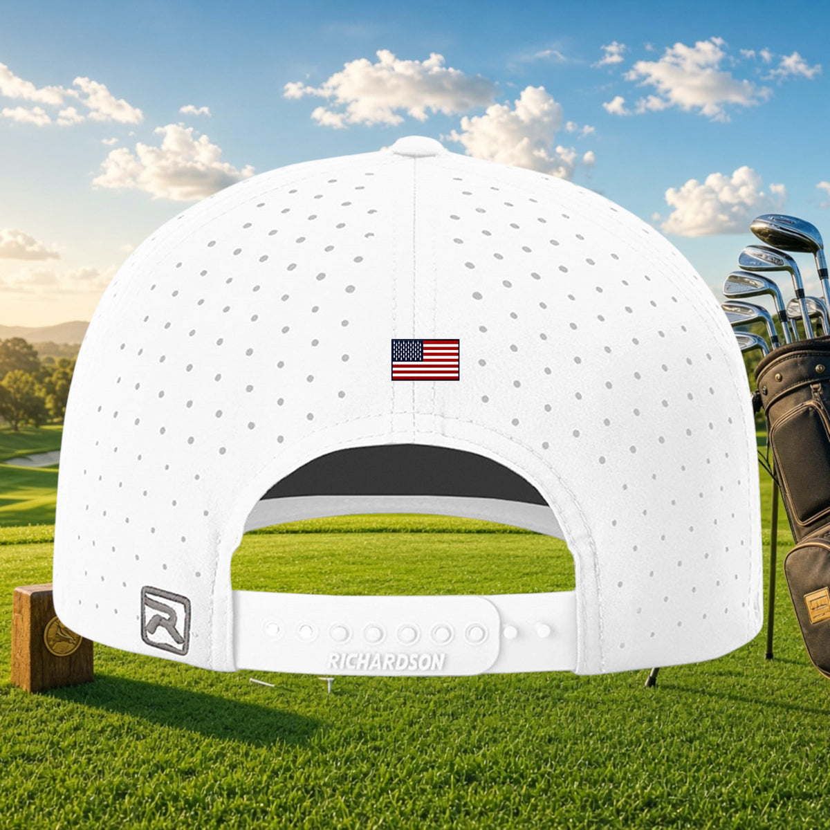 Better Grab A Beer white performance golf cap with laser-cut perforations, US flag detail, and snapback closure