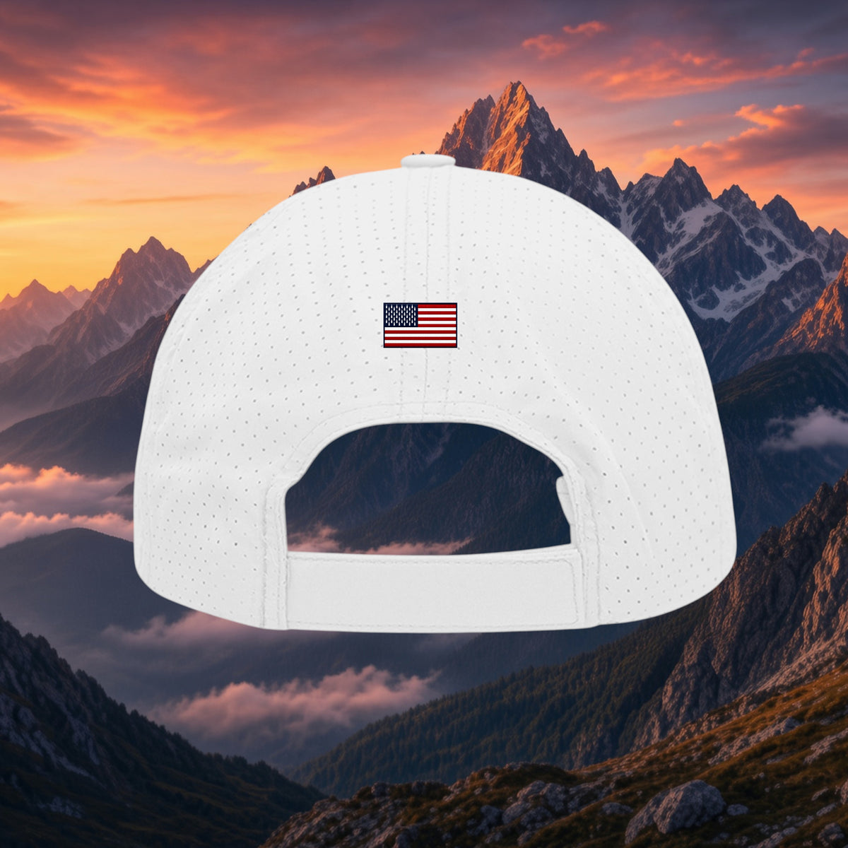 Better Grab A Beer white unstructured performance cap with a small American flag patch on the back hook and loop strap