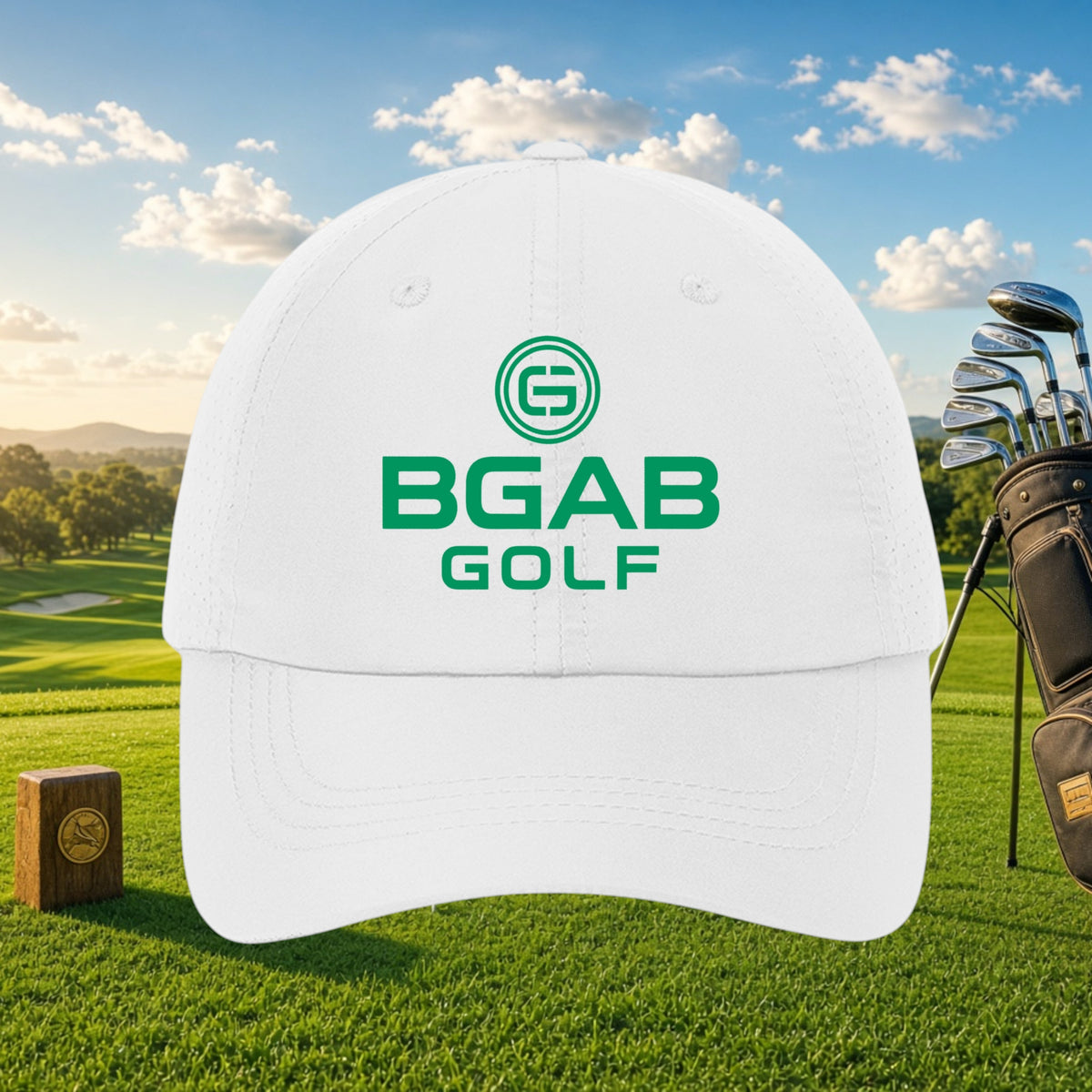 Better Grab A Beer white unstructured performance cap with green BGAB Golf logo on a golf course background