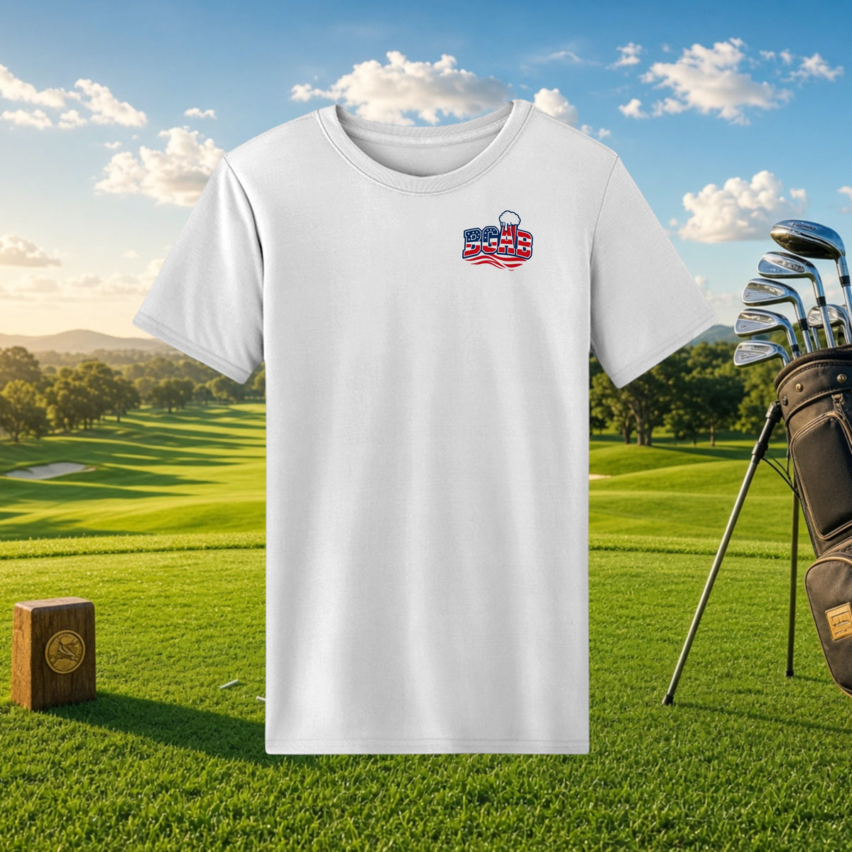 Better Grab A Beer white moisture-wicking performance t-shirt with a small patriotic logo on a golf course background