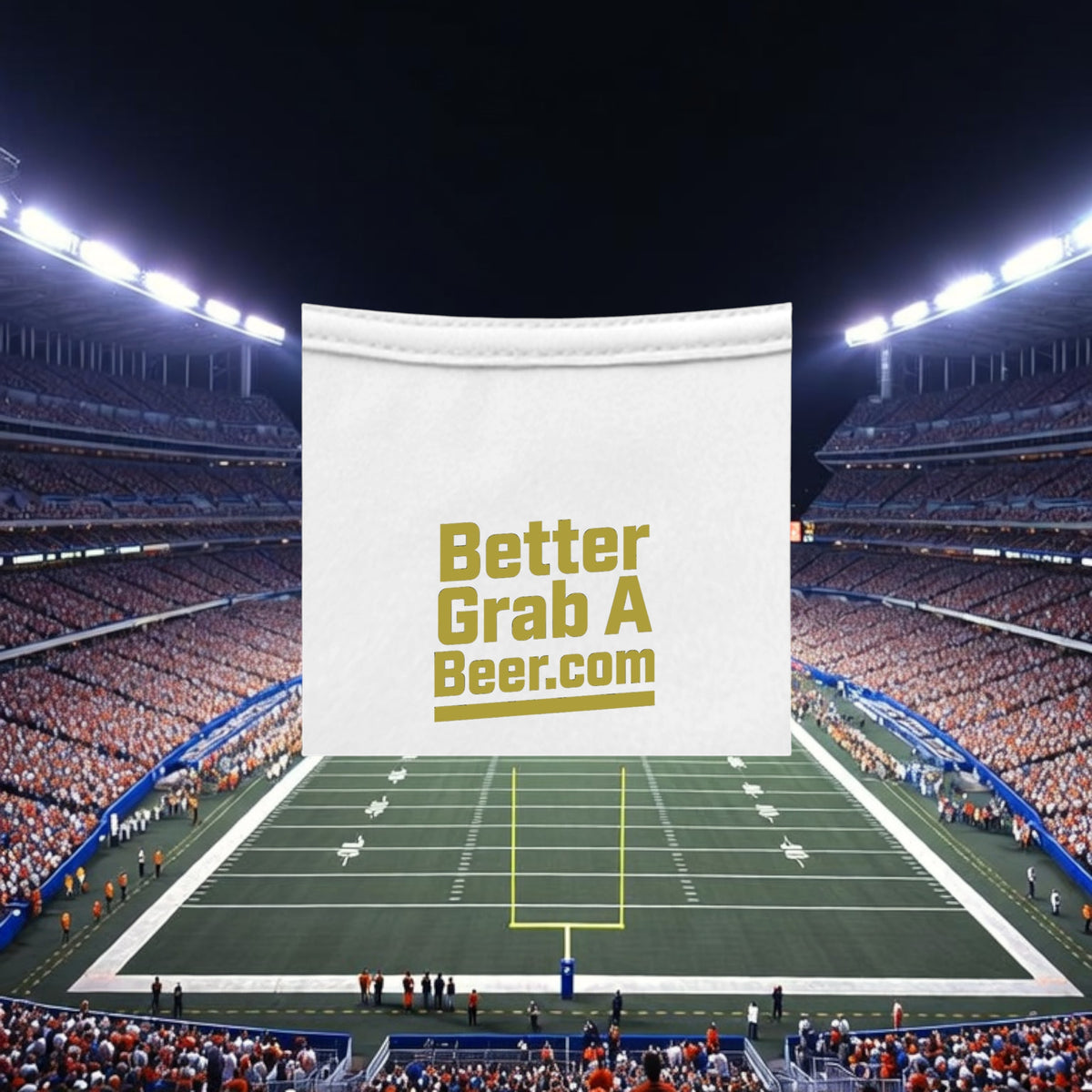 Better Grab A Beer white performance crew neck t-shirt with gold logo, moisture-wicking fabric for sports.