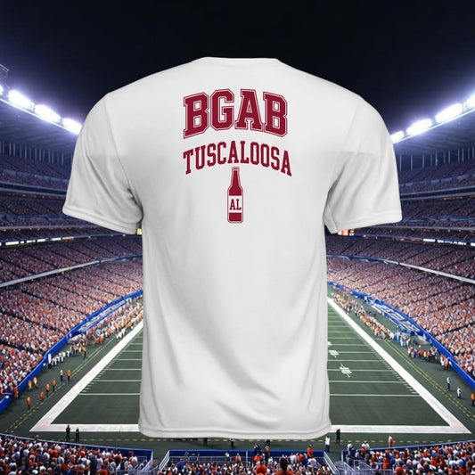 Better Grab A Beer white performance crew neck t-shirt with red Tuscaloosa graphic on back in a stadium setting