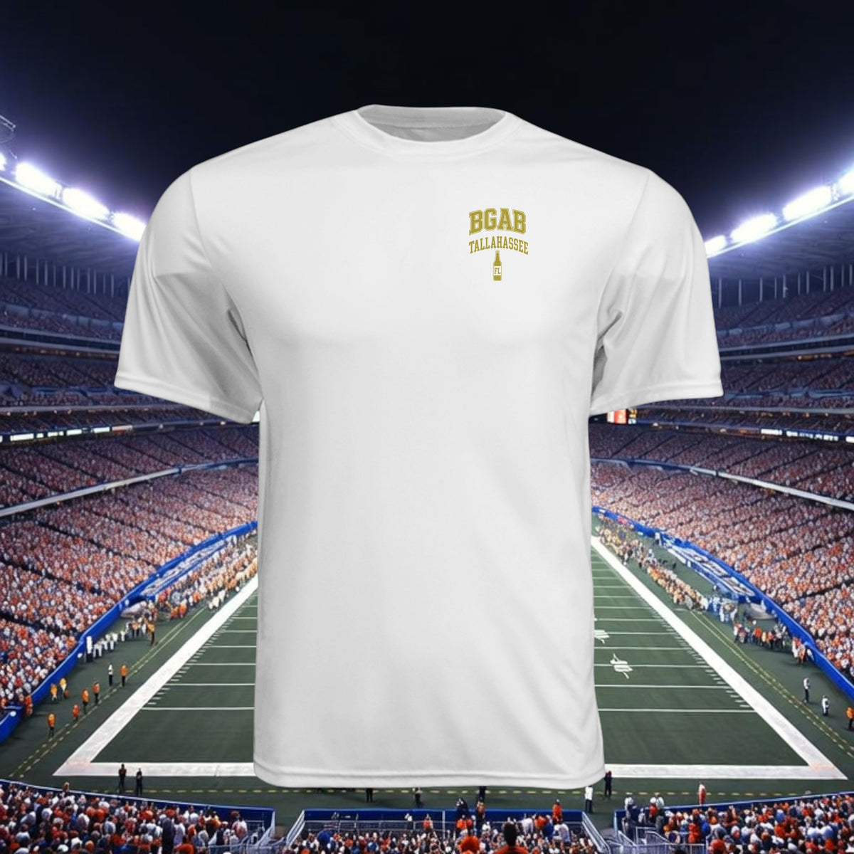 Better Grab A Beer white moisture-wicking performance crew neck t-shirt with Tallahassee logo against stadium backdrop