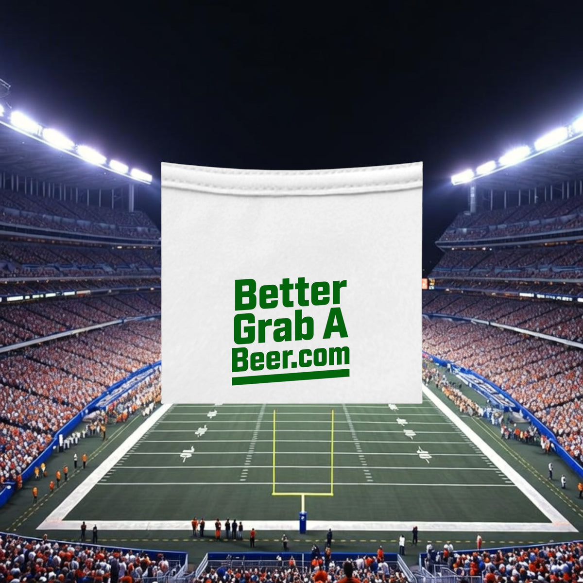 Better Grab A Beer white performance crew neck t-shirt with green logo, moisture-wicking fabric for sports.