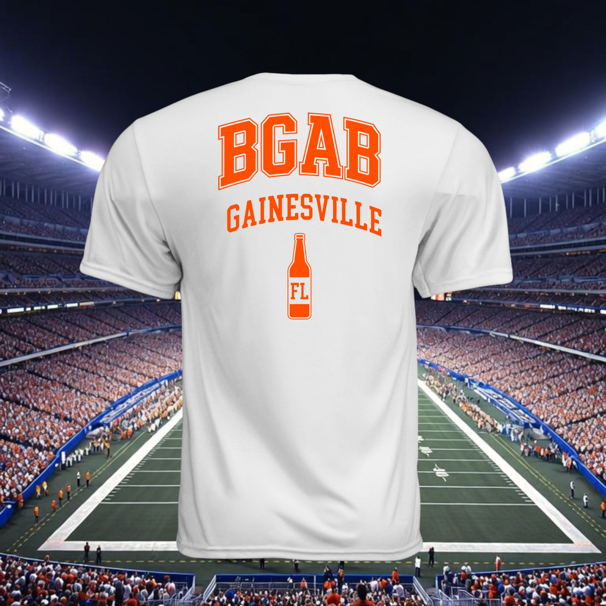 Better Grab A Beer white performance crew neck t-shirt with orange Gainesville graphic on back in a stadium setting