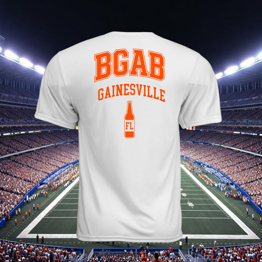 Better Grab A Beer white performance crew neck t-shirt with orange Gainesville graphic on back in a stadium setting