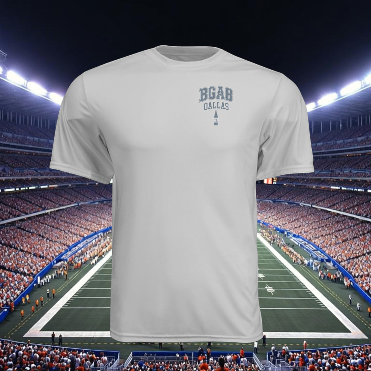 Better Grab A Beer white moisture-wicking performance crew neck t-shirt with BGAB Dallas logo on a stadium background
