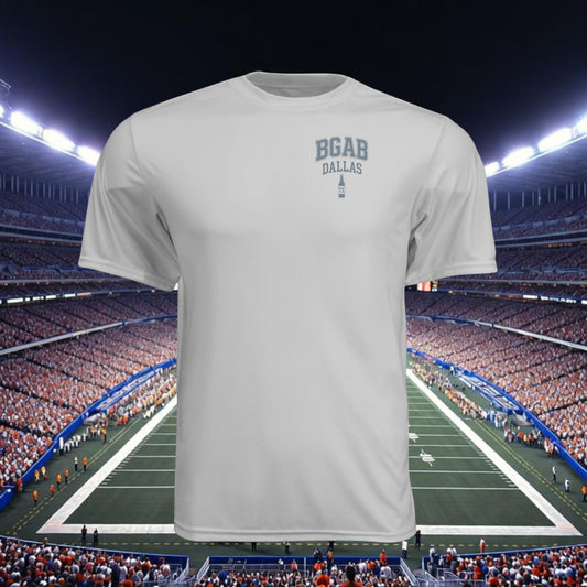 Better Grab A Beer white moisture-wicking performance crew neck t-shirt with BGAB Dallas logo on a stadium background