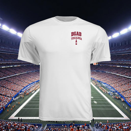 Better Grab A Beer white moisture-wicking performance crew neck t-shirt with Tuscaloosa logo on a stadium background