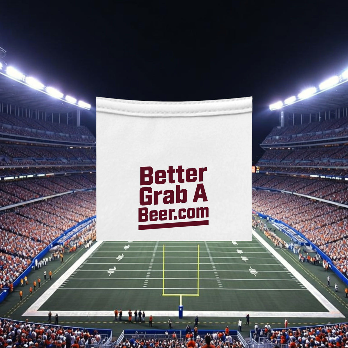Better Grab A Beer white performance crew neck t-shirt with maroon logo, featuring moisture-wicking polyester fabric.