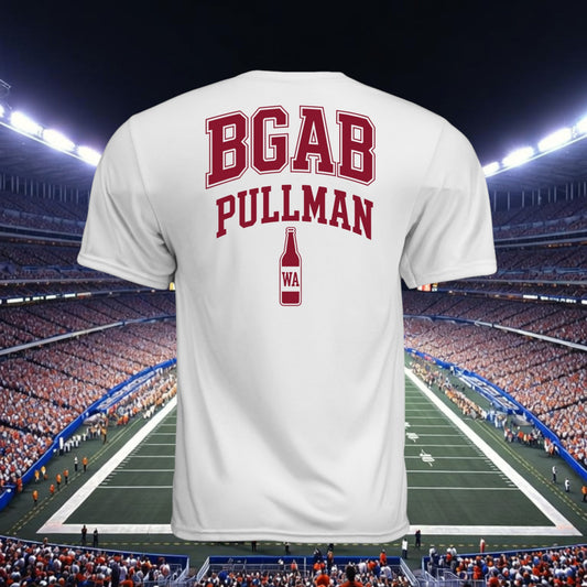 Better Grab A Beer white performance crew neck t-shirt with maroon BGAB Pullman graphic, back view in a stadium.
