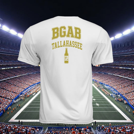 Better Grab A Beer white performance crew neck t-shirt with gold Tallahassee graphic on back in a stadium setting