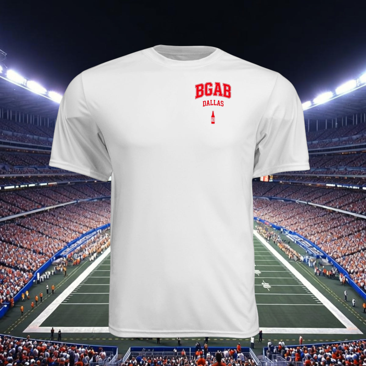 Better Grab A Beer white moisture-wicking performance crew neck t-shirt with red Dallas graphic on chest