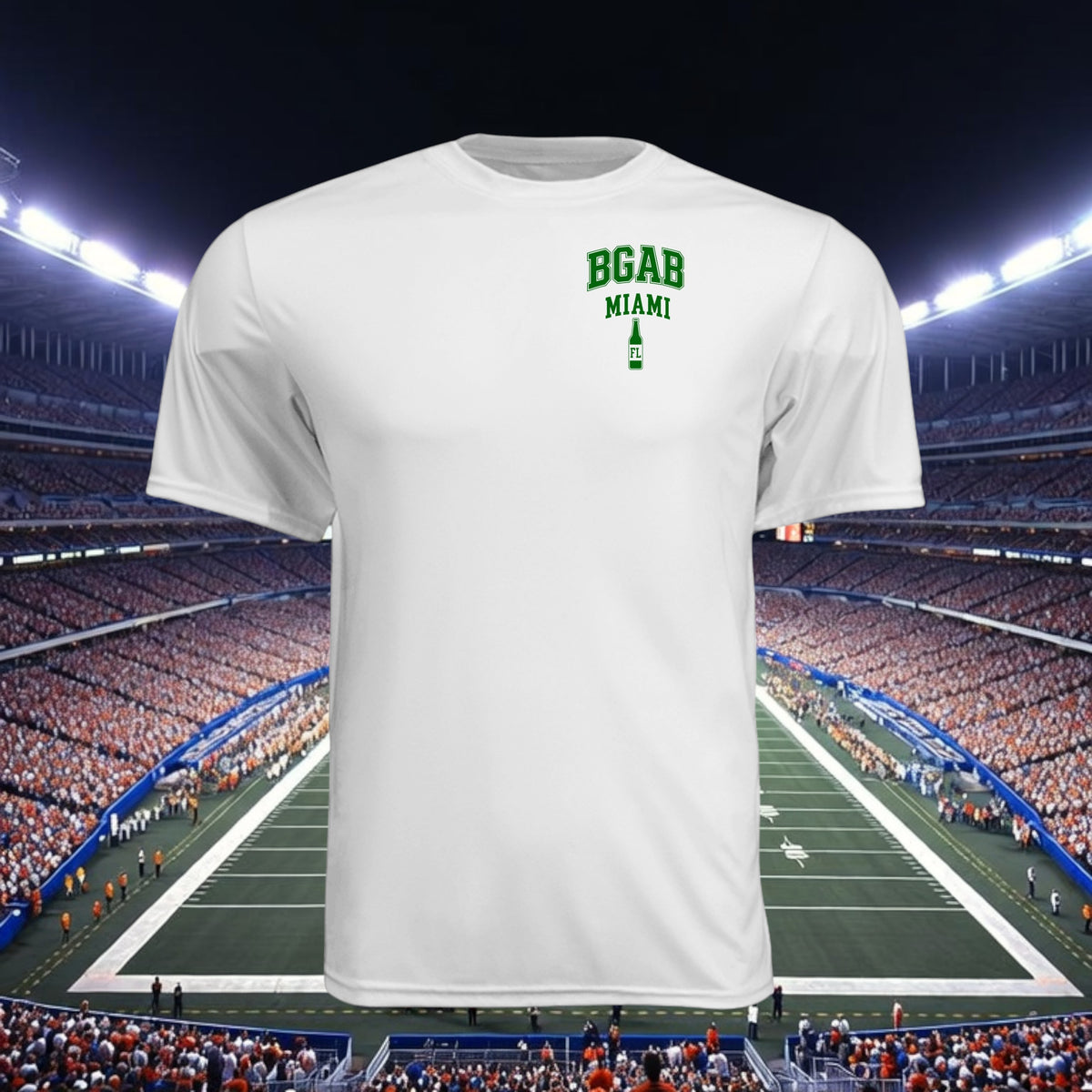 Better Grab A Beer white moisture-wicking performance crew neck t-shirt with green Miami graphic on chest
