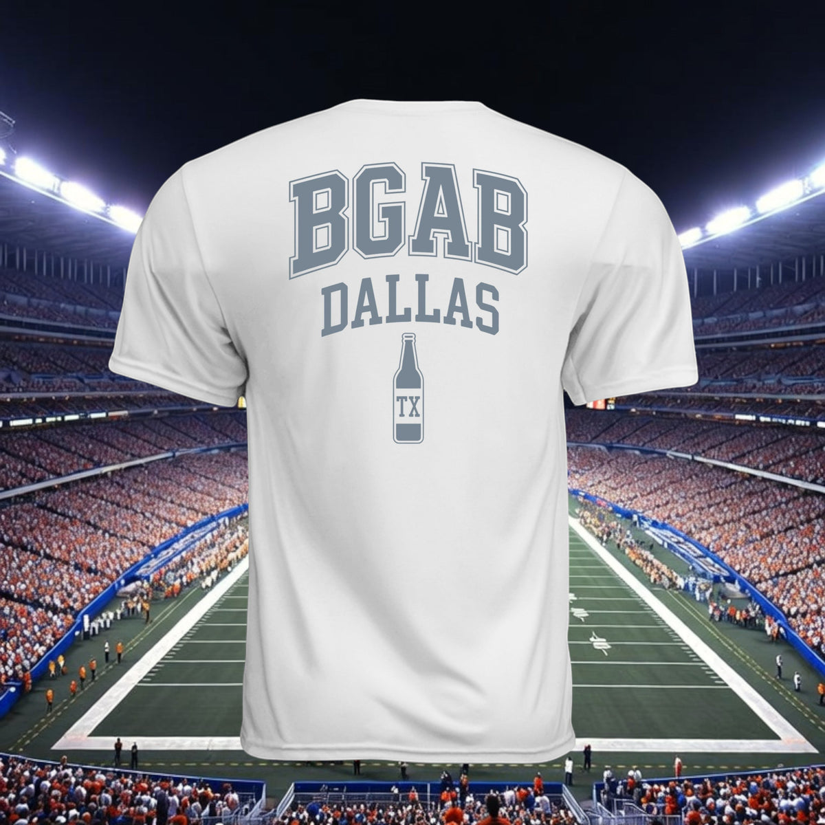 Better Grab A Beer white performance crew neck t-shirt with BGAB Dallas beer bottle graphic on back at a stadium