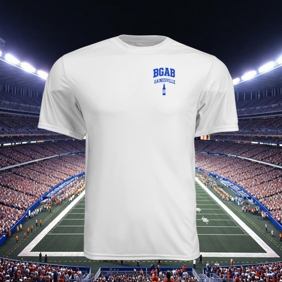 Better Grab A Beer white moisture-wicking performance crew neck t-shirt with Gainesville logo against stadium background