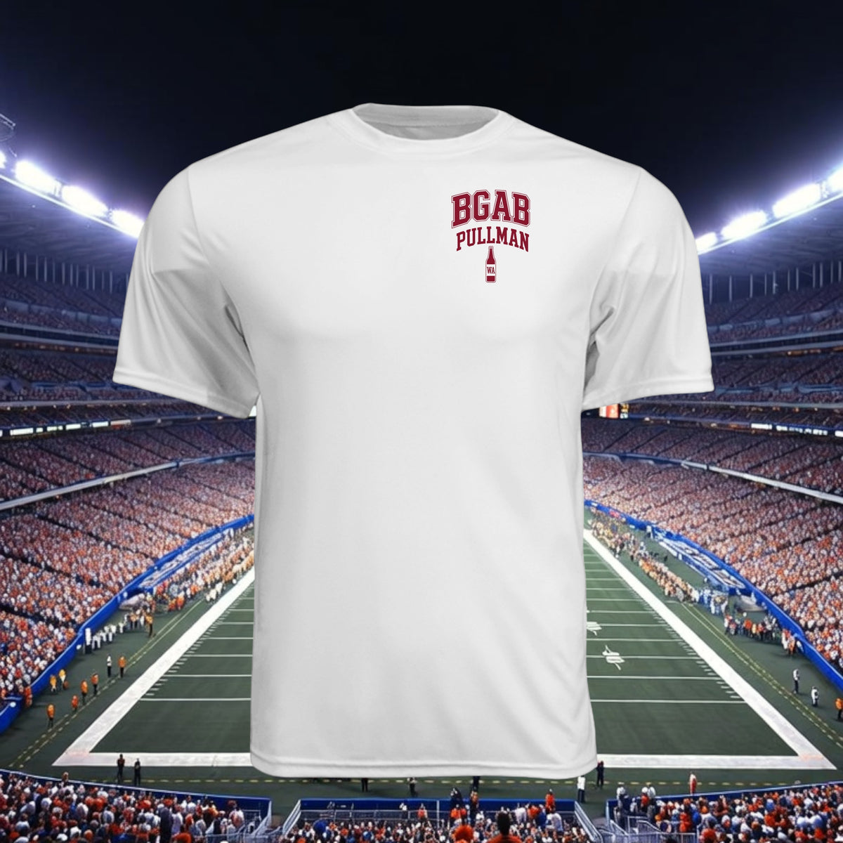 Better Grab A Beer white performance crew neck t-shirt with red BGAB Pullman logo against a stadium background