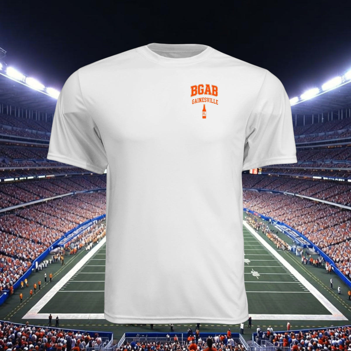 Better Grab A Beer white moisture-wicking performance t-shirt with orange Gainesville logo against stadium background