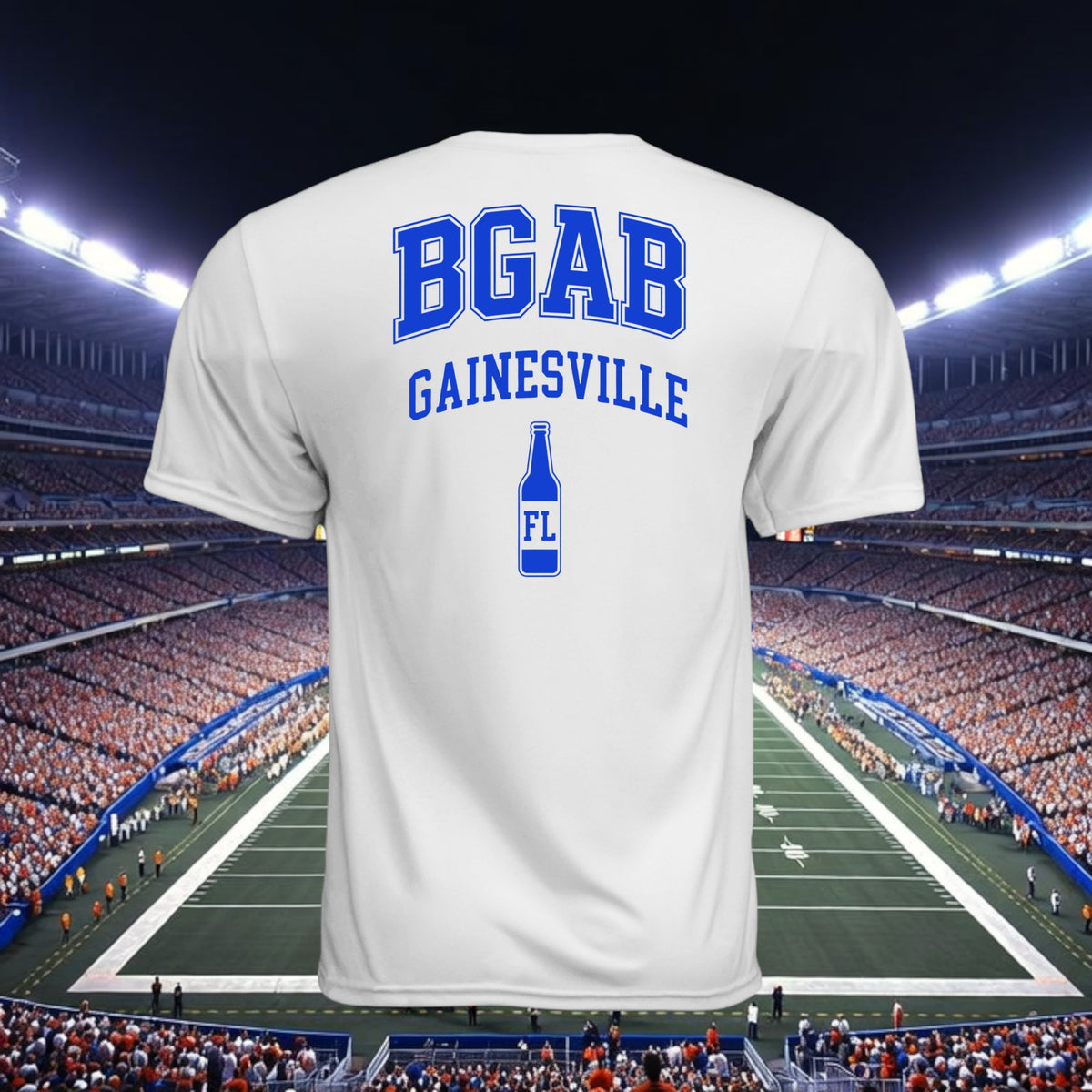 Better Grab A Beer white moisture-wicking performance t-shirt with blue Gainesville graphic on the back