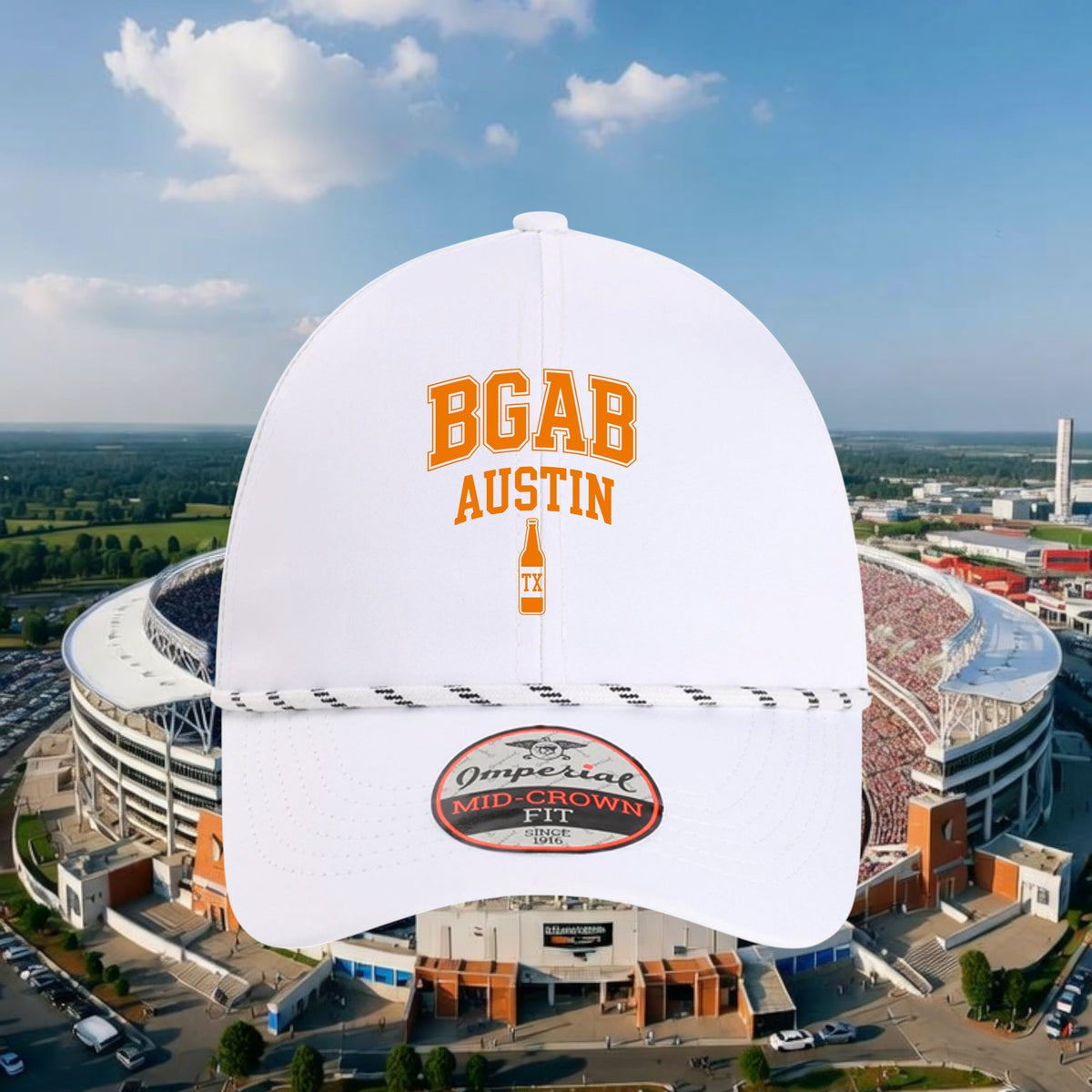 Better Grab A Beer white performance rope hat with orange BGAB Austin bottle graphic against a stadium background