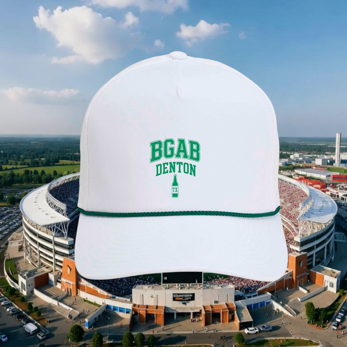 Better Grab A Beer white performance rope hat with green BGAB Denton logo and contrasting green braid detail