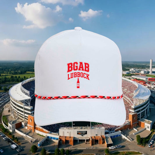 Better Grab A Beer white performance rope hat with red BGAB Lubbock bottle logo and contrasting braided cord