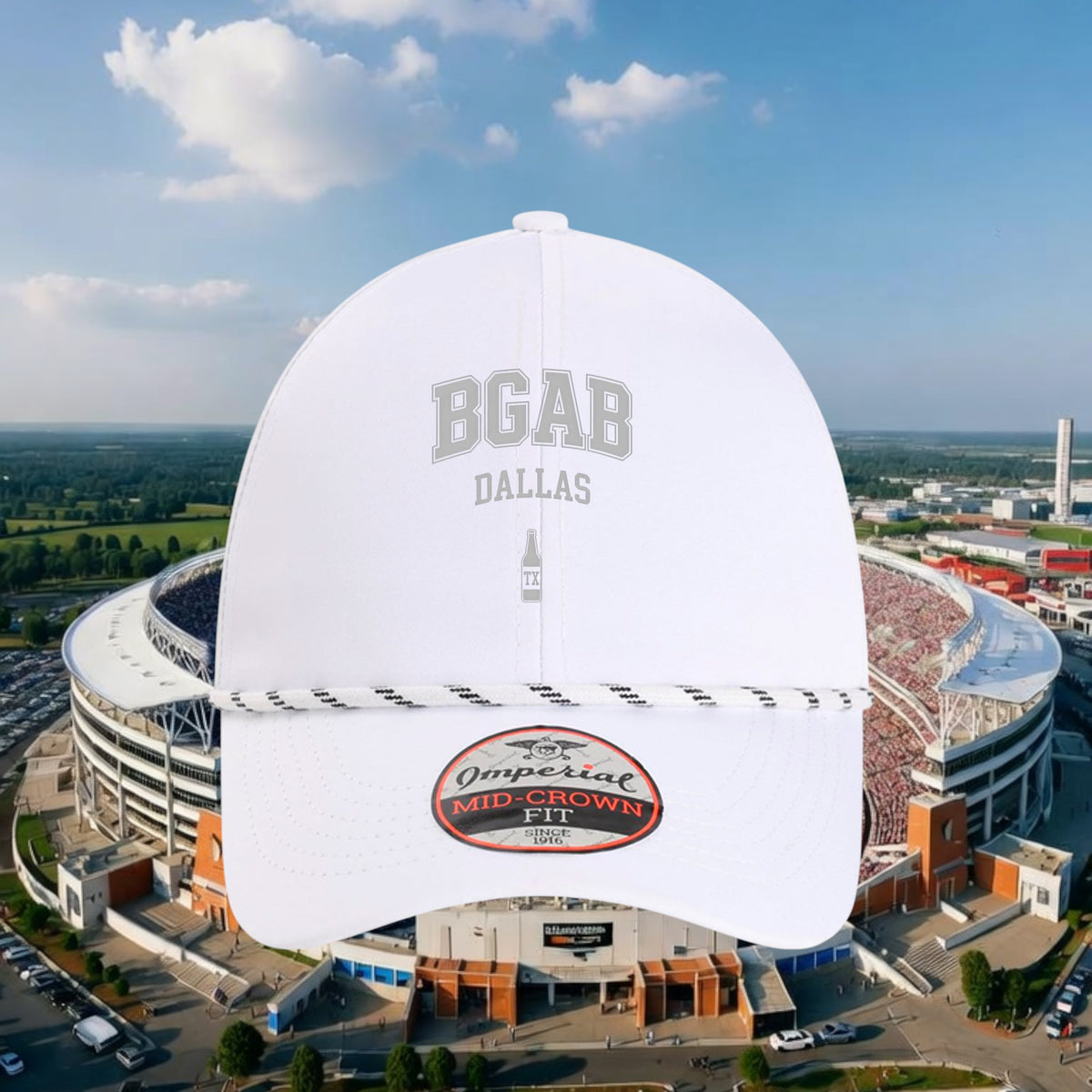 Better Grab A Beer white performance rope hat with BGAB Dallas embroidery and pre-curved visor