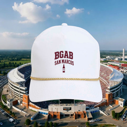 Better Grab A Beer white performance rope hat with maroon BGAB San Marcos bottle graphic and gold braided cord