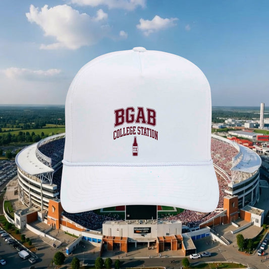 Better Grab A Beer white five-panel rope hat with maroon BGAB College Station logo over a stadium background
