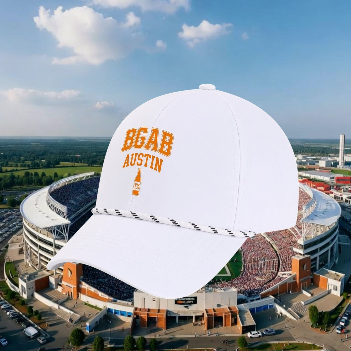 Better Grab A Beer white performance rope hat with orange BGAB Austin logo and bottle icon over a stadium background.