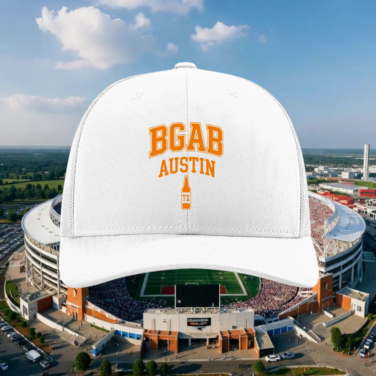 Better Grab A Beer white trucker hat with orange BGAB Austin bottle graphic, featuring a mesh back and snapback.
